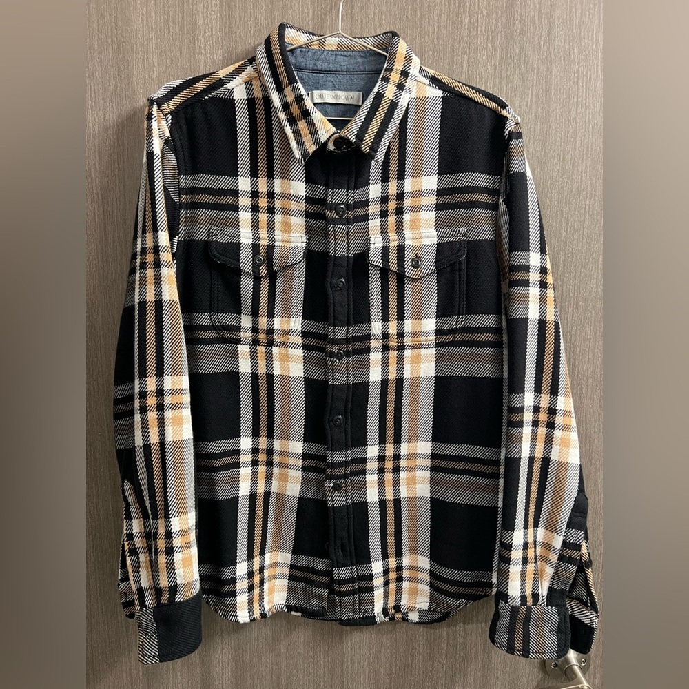 Outerknown Men’s Blanket Shirt Black Tan Plaid Flannel Button Down Medium